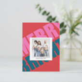 赤いメリーカラフルのモダンクリスマス写真の家族 ポストカード (スタンド正面)