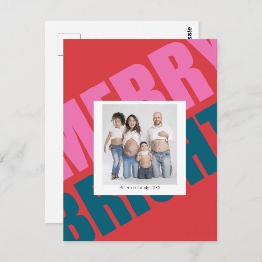 赤いメリーカラフルのモダンクリスマス写真の家族 ポストカード (正面/裏面)
