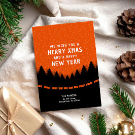 赤いメリークリスマスとレトロなスタイルの森と雪 カード