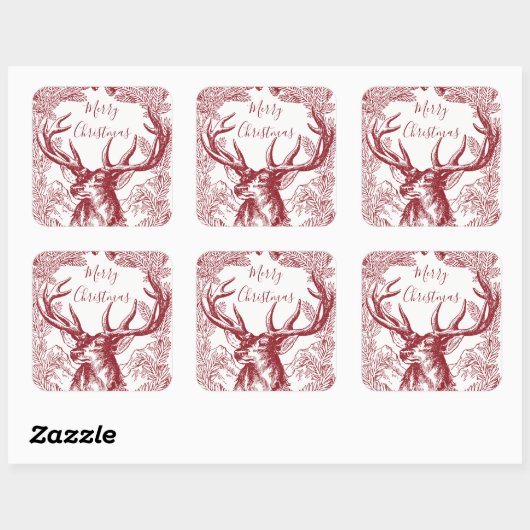 赤いメリークリスマスのトナカイに枝が付いている スクエアシール (シート)