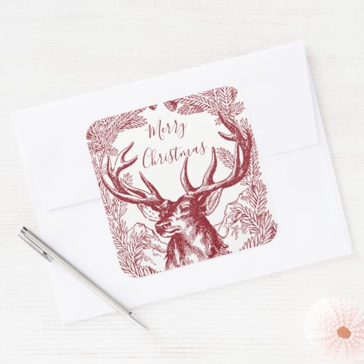 赤いメリークリスマスのトナカイに枝が付いている スクエアシール (封筒)