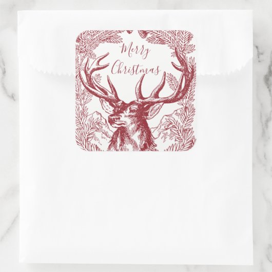 赤いメリークリスマスのトナカイに枝が付いている スクエアシール (バッグ)