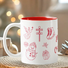 赤いメリークリスマスの手描き ツートーンマグカップ