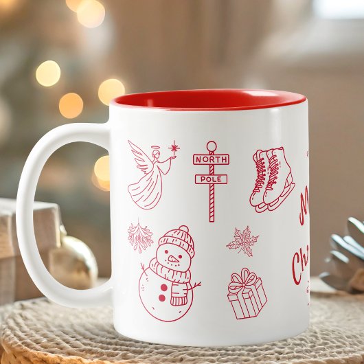 赤いメリークリスマスの手描き ツートーンマグカップ