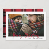 赤いメリークリスマスの格子模様の写真カード シーズンカード (正面/裏面)