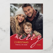 赤いメリークリスマススクリプトの写真 箔シーズンカード (正面)