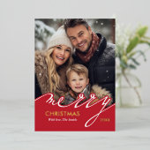 赤いメリークリスマススクリプトの写真 箔シーズンカード (立ち正面)