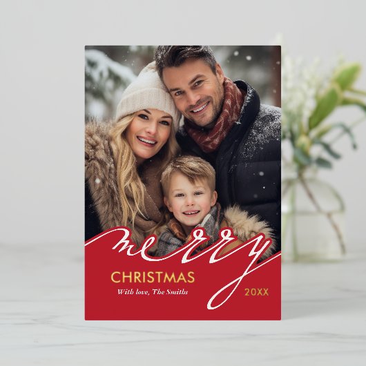 赤いメリークリスマススクリプトの写真 箔シーズンカード (立ち正面)