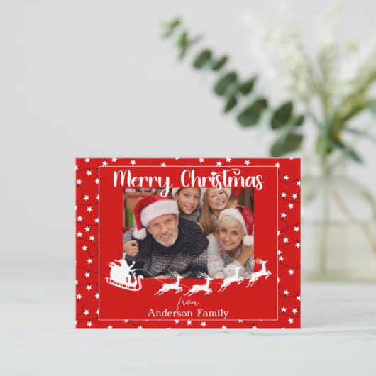 赤いメリークリスマスライト家族写真 ポストカード (スタンド正面)
