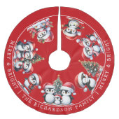 赤いメリーペンギンの家族が輝いた ブラッシュドポリエステルツリースカート (正面)