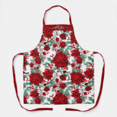 赤いメリーポインセチア花ツタ葉の水色 エプロン (正面)