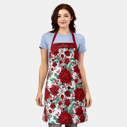 赤いメリーポインセチア花ツタ葉の水色 エプロン (着用した状態)