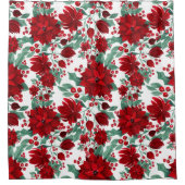 赤いメリーポインセチア花ツタ葉の水色 シャワーカーテン (正面)