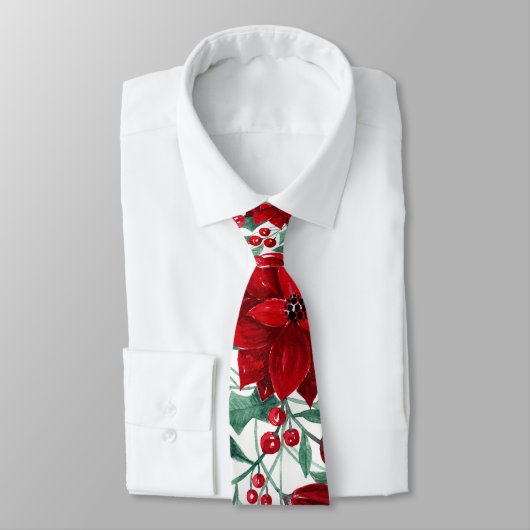 赤いメリーポインセチア花ツタ葉の水色 ネクタイ (タイ)