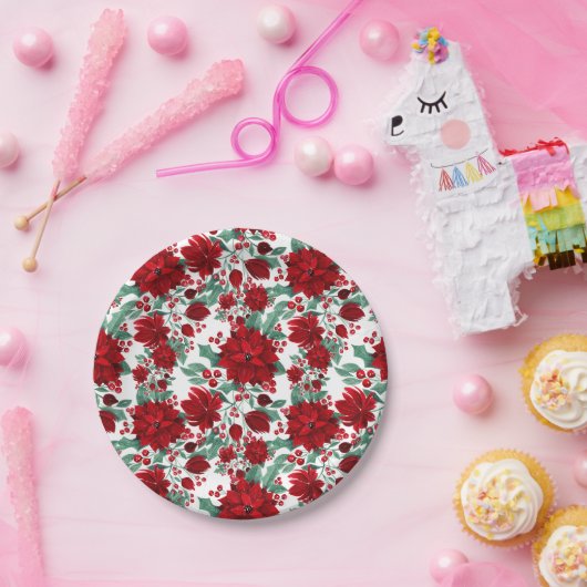 赤いメリーポインセチア花ツタ葉の水色 ペーパープレート (パーティー)