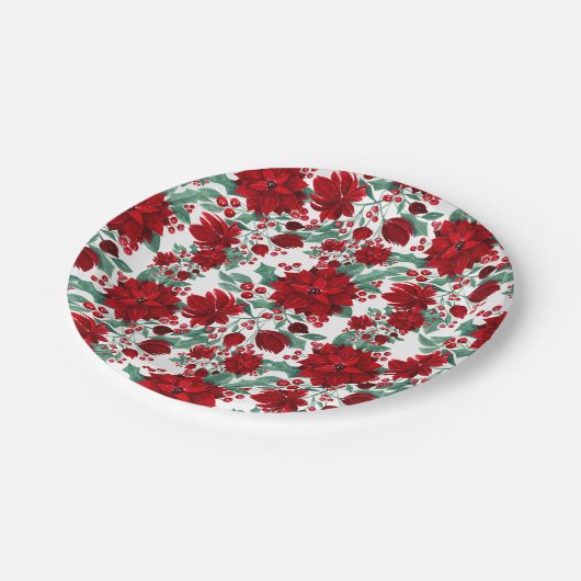 赤いメリーポインセチア花ツタ葉の水色 ペーパープレート (アングル)