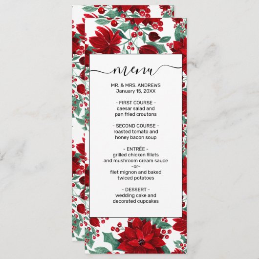 赤いメリーポインセチア花ツタ葉の水色 メニュー (正面/裏面)