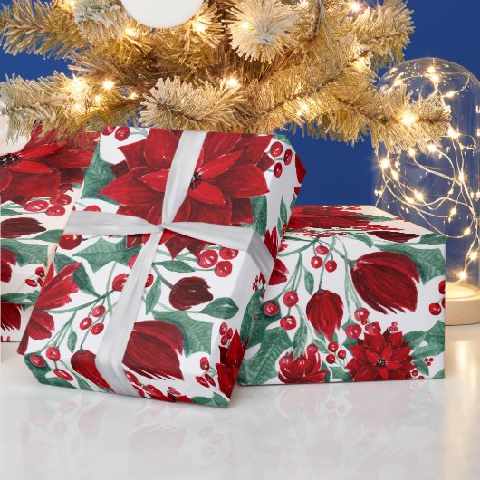 赤いメリーポインセチア花ツタ葉の水色 ラッピングペーパー (クリスマス)