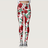 赤いメリーポインセチア花ツタ葉の水色 レギンス (正面)