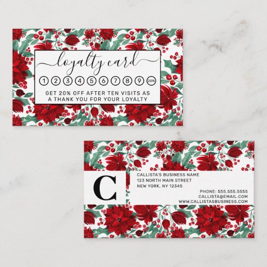 赤いメリーポインセチア花ツタ葉の水色 ロイヤリティカード (正面/裏面)