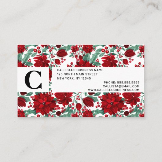 赤いメリーポインセチア花ツタ葉の水色 予約カード (裏面)