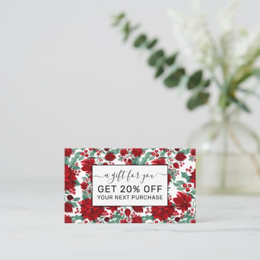 赤いメリーポインセチア花ツタ葉の水色 割引カード (スタンド正面)