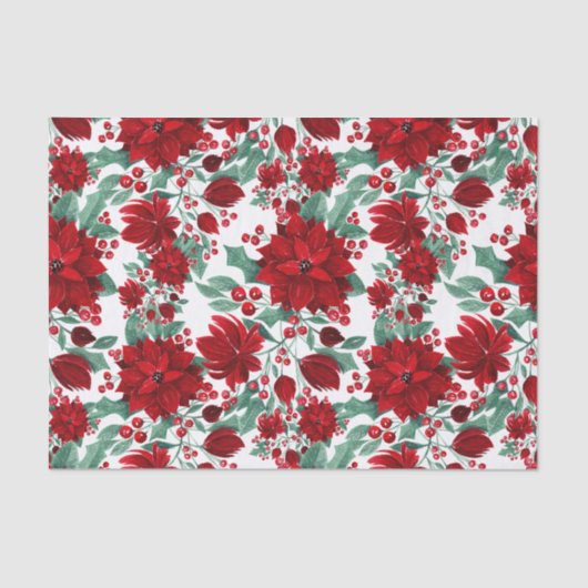 赤いメリーポインセチア花ツタ葉の水色 薄葉紙 (正面)