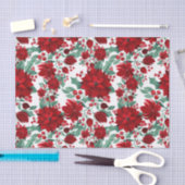 赤いメリーポインセチア花ツタ葉の水色 薄葉紙 (クラフト)