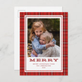 赤いメリー格子模様の独身の写真クリスマス シーズンポストカード (正面/裏面)