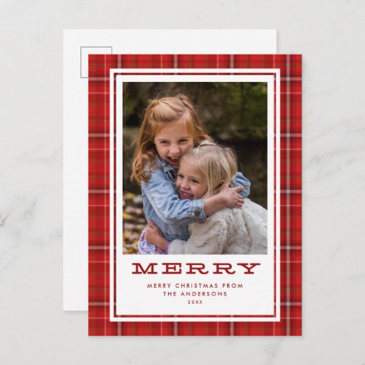 赤いメリー格子模様の独身の写真クリスマス シーズンポストカード (正面/裏面)