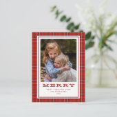 赤いメリー格子模様の独身の写真クリスマス シーズンポストカード (スタンド正面)