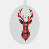 赤いメリー格子縞トナカイのシルエットサークル ガラスオーナメント (正面右)