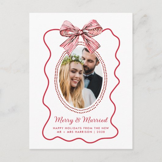 赤いメリー波状のフレームの弓フォトクリスマス シーズンポストカード (正面)