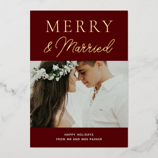 赤いメリー金ゴールド結婚したスクリプト写真クリスマス 箔シーズンカード (正面)