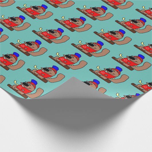 赤いメープルリーフシャツのホッケービーバーアニメ ラッピングペーパー (角)