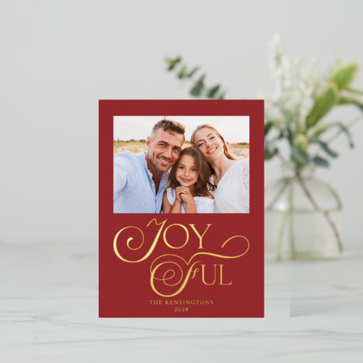 赤いモダンうれしそうなクリスマスの休日ホイル写真 箔シーズンポストカード (立ち正面)