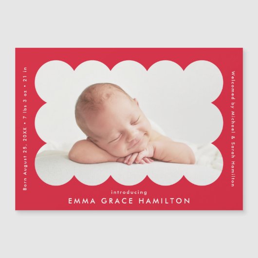 赤いモダンうろこ写真の誕生のお知らせ (正面)