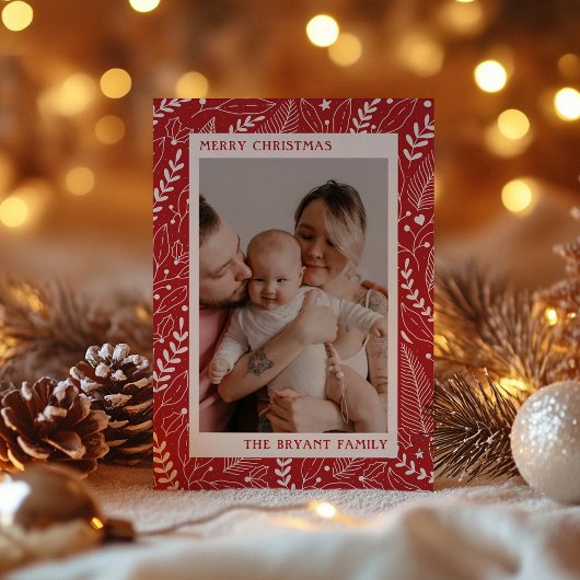 赤いモダンなホーリーと葉のアートワークフレーム シーズンカード