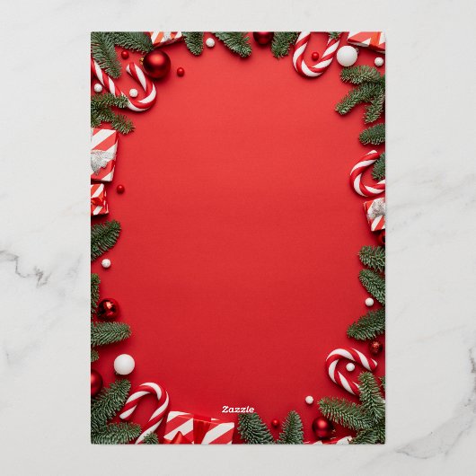 赤いモダンエレガントリースのクリスマスファミリー写真 箔シーズンカード (裏面)