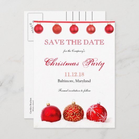 赤いモダンオーナメントは日付を保存クリスマスパーティー 案内ポストカード (正面/裏面)