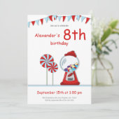 赤いモダンガンボールマシンキャンディバースデーパーティー 招待状 (スタンド正面)