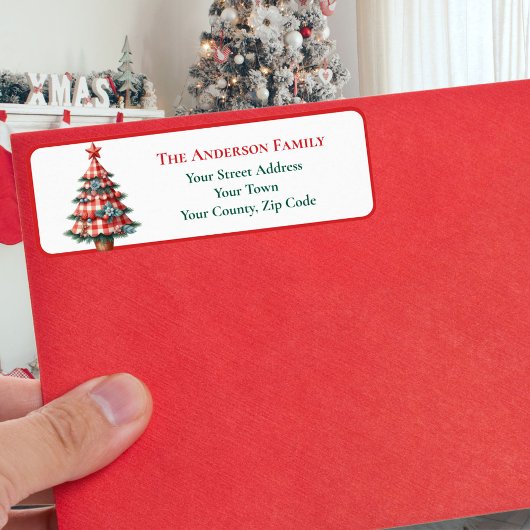 赤いモダンギンガムクリスマスツリーオーナメント名 ラベル