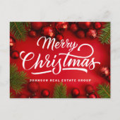 赤いモダンクリスマスオーナメントと緑の松 シーズンポストカード (正面)