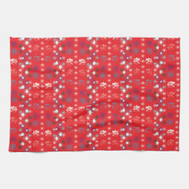 赤いモダンクリスマスホリデーのスノーフレーク・パターン キッチンタオル