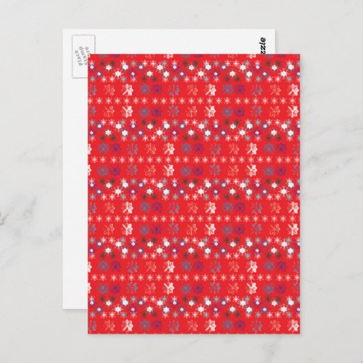 赤いモダンクリスマスホリデーのスノーフレーク・パターン ポストカード (正面/裏面)