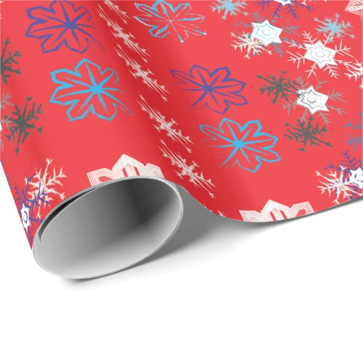 赤いモダンクリスマスホリデーのスノーフレーク・パターン ラッピングペーパー (ロールコーナー)