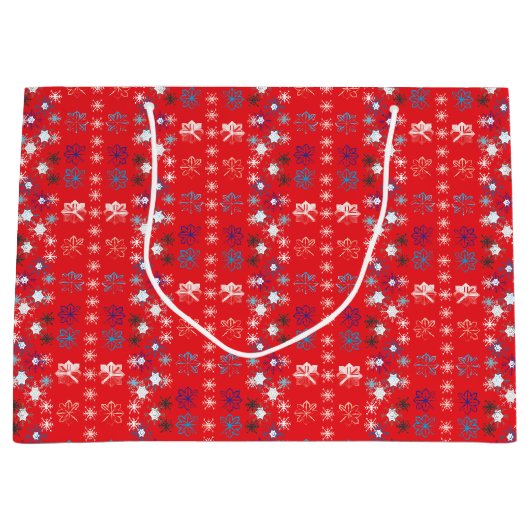 赤いモダンクリスマスホリデーのスノーフレーク・パターン ラージペーパーバッグ (正面)