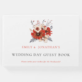 赤いモダンクリーム花模様の葉の結婚式 ゲストブック