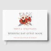 赤いモダンクリーム花模様の葉の結婚式 ゲストブック (正面)