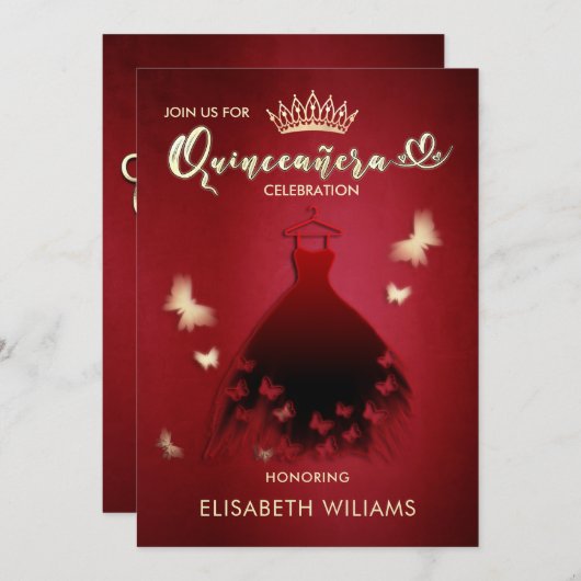 赤いモダンクール蝶のドレス蝶のクリンス 招待状 (正面/裏面)